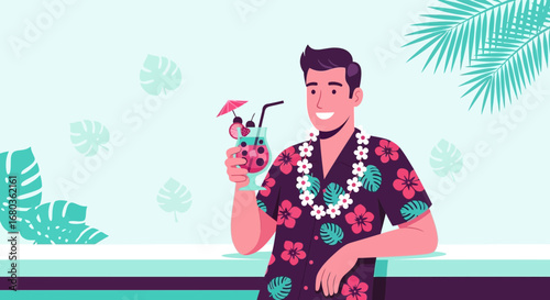 Tropical Leisure Depicted: A Man Relaxes With a Refreshing Cocktail at Seaside