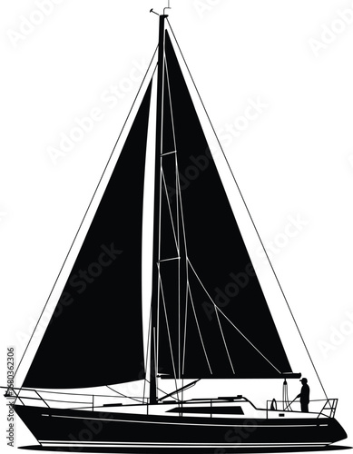 Black and white sailboat vector silhouette with full sails, classic yacht design featuring sailor, perfect for nautical and marine themes