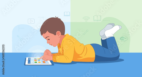 A young boy lies on the floor using a tablet which is the main subject of the picture