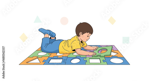 A Young Boy Lying Down Playing with a Puzzle on a Colorful Play Mat