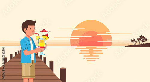Tropical Serenity: Man Savoring Cocktail by Ocean at Sunset Illustration