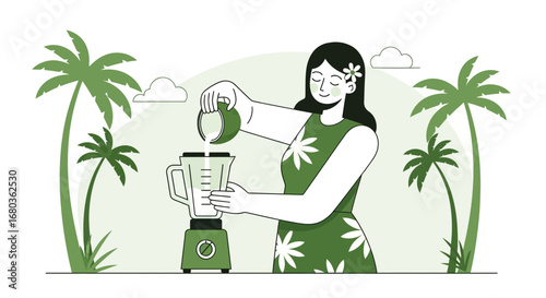 Tropical Smoothie Preparation Depicted: Woman Blending Ingredients for Healthy Beverage