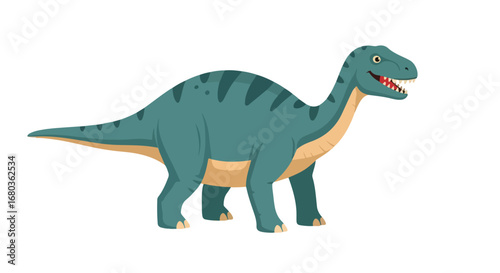 Illustrative depiction of a blue-green dinosaur, likely a sauropod, with its long neck and tail showcased against a clean white backdrop