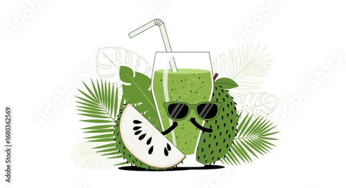 Tropical Soursop Delight: A Refreshing Green Smoothie with Fun Cartoon Elements