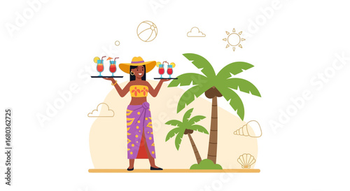 Tropical Waitress Delivering Cocktails Under The Sun With Palm Trees And Drinks Ready