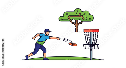 A Focused Disc Golfer Aiming for the Basket on a Sunny Course with Digital Tree 65 characters a beautiful illustration of sports and leisure