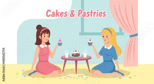 Two Adorable Girls Enjoying Pastries, Cupcakes, Cakes, and Sweet Treats in a Cozy Setting