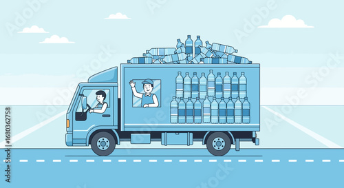 Truck Delivering Water Bottles, Promoting Environmentalism and Sustainable Practices, Blue