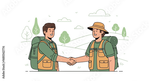 Two Adventurous Individuals Shaking Hands, Symbolizing New Discoveries and Collaborative Journeys