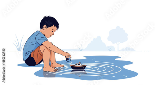 A young boy playing with a toy boat in a puddle, illustrated in a calm scene