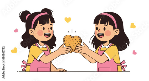 Two Adorable Girls Sharing a Heart-Shaped Cookie on White Background