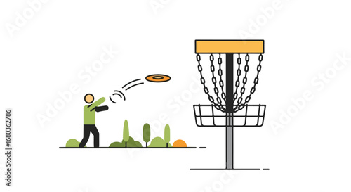 Minimalist Disc Golf Illustration: A Player Throwing Towards the Basket in Outdoor Space