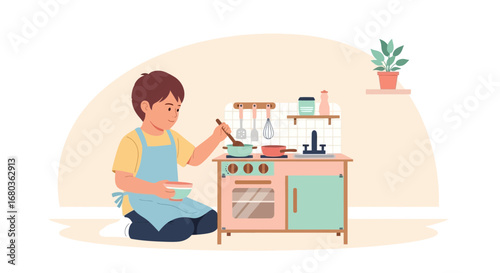 A young boy playing with a toy kitchen, cooking and having fun in his imaginary world