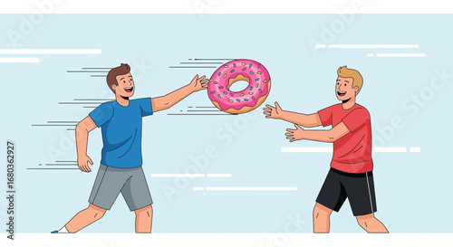 Two Friends Playing And Tossing A Sprinkled Donut To Each Other In A Fun Action
