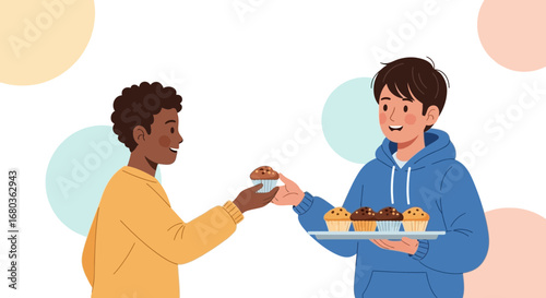 Two Friends Sharing Cupcakes, Symbolizing Friendship, Happiness, Joyful Moments and Treats