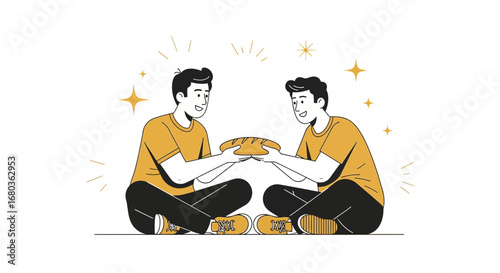 Two Friends Sharing Bread, Emblem of Mutual Respect and Fellowship Illustrated