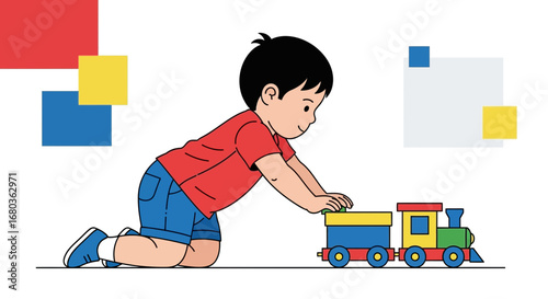 A Young Boy Playing with a Toy Train: Illustration of Childhood Fun and Playtime Activities
