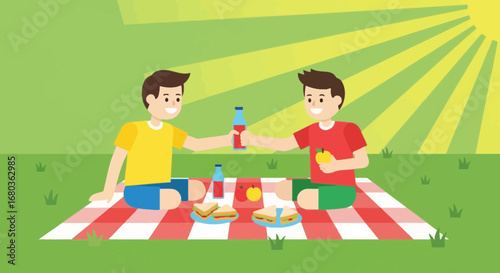 Two Friends Sharing Enjoyable Picnic in the Sunshine on a Beautiful Summer Day
