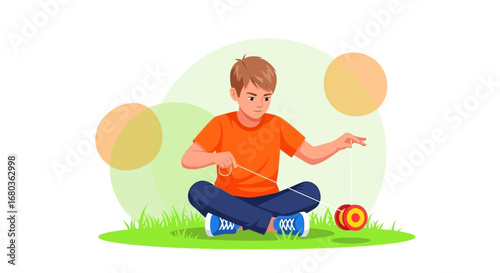 A young boy playing with a yo-yo on a sunny lawn in a vector illustration