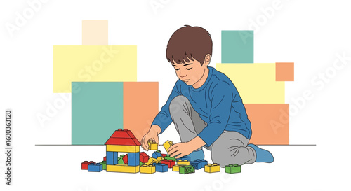 A young boy playing with colorful building blocks to create a house illustration