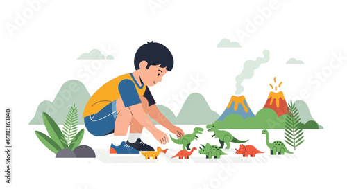 A young boy playing with dinosaur toys near volcanoes in a colorful illustration