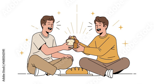 Two Smiling Individuals Sharing Delicious Bread, A Moment Of Friendship And Happiness
