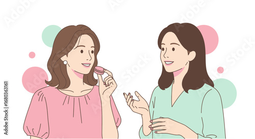 Two Women Conversing While Sharing Macarons In A Flat And Modern Illustration Style