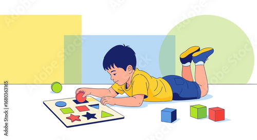 A young boy playing with educational shape sorter toy on a white background