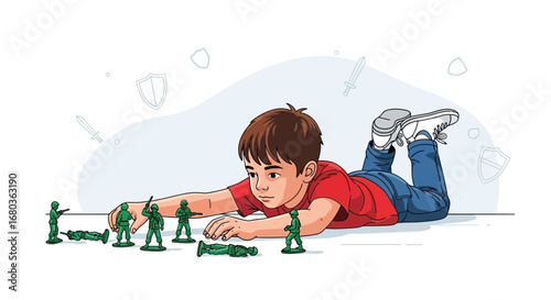A young boy playing with green toy soldiers indoors on a white background