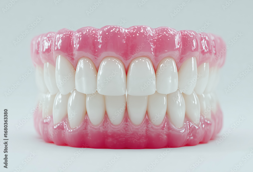 Obraz premium Close-up of dentures with pink gums and white teeth on a neutral background