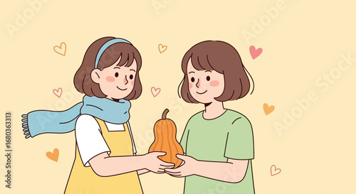 Two Young Women Exchanging A Pumpkin With Hearts And Smiling At Each Other Always