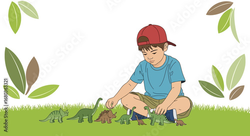 A young boy playing with toy dinosaurs on a green grassy background illustration