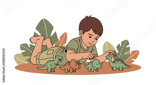 A young boy playing with toy dinosaurs while lying on the floor vector illustration