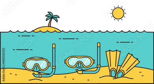 Undersea Exploration: Dive Gear Island Scene with Goggles, Snorkels, and Flipper