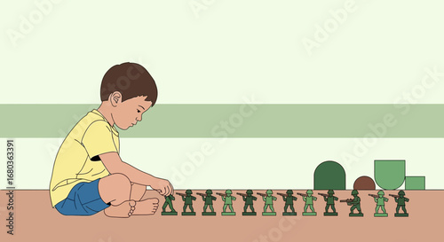 A young boy playing with toy soldiers and building blocks on a beige surface