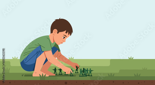 A young boy playing with toy soldiers on a green field in a beautiful illustration