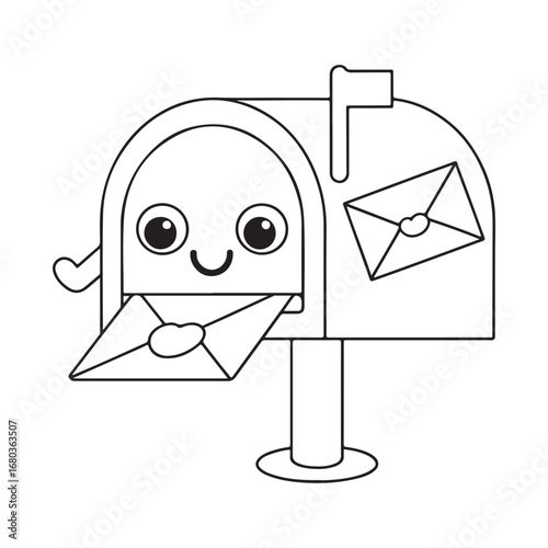 Cute cartoon mailbox with a happy face and an envelope in its opening on a white background postbox