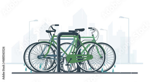 Urban Bicycles Parked in the Rain, Ideal for City Commuting and Eco-Friendly Travel