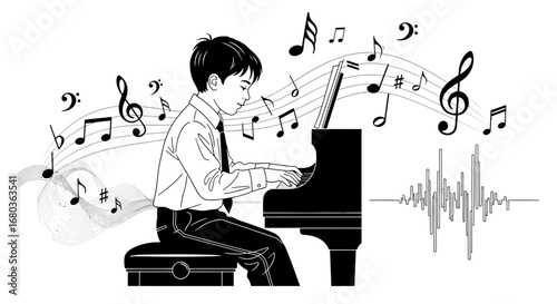 A Young Boy Plays Piano with Notes Flowing Around, Music Concept Illustration