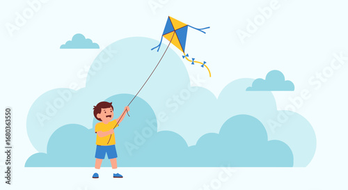 A Young Boy Plays With A Colorful Kite In A Sky Filled With Fluffy Clouds