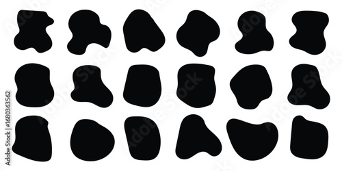 Set of black organic, irregular, and amorphous shapes. Abstract fluid vector design elements. Organic amoeba blob shape abstract, Abstract blob and amoeba figure, Dynamic amoeba silhouette