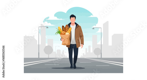 Urban Dweller Strolling With Grocery Bag Depicting Daily Errands Amidst City Scenery