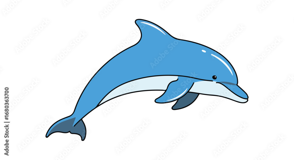 Fototapeta premium Friendly blue dolphin leaps playfully in a whimsical illustration on a clean white background, full of life and energy