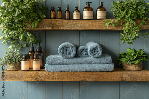 Towels and soaps neatly arranged on shelf.