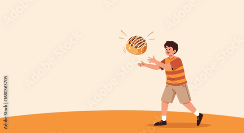 A young boy reaching out for a cinnamon roll in a playful cartoon illustration