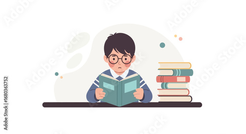 A Young Boy Reading a Book with Glasses and a Collection of Books Beside Him