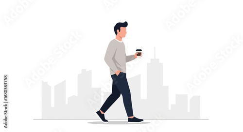 Urban Walker With Coffee Traversing Cityscape During A Casual Daily Routine