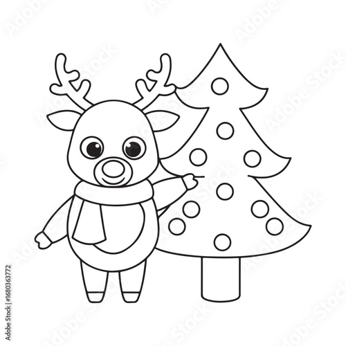Cute cartoon reindeer with antlers wearing a scarf pointing at a decorated Christmas tree in a simple outline drawing