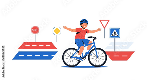 A young boy riding a bicycle safely around road signs and crosswalks