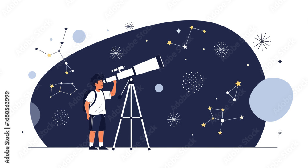 Obraz premium A Young Boy Stargazing Through Telescope at the Beautiful Night Sky